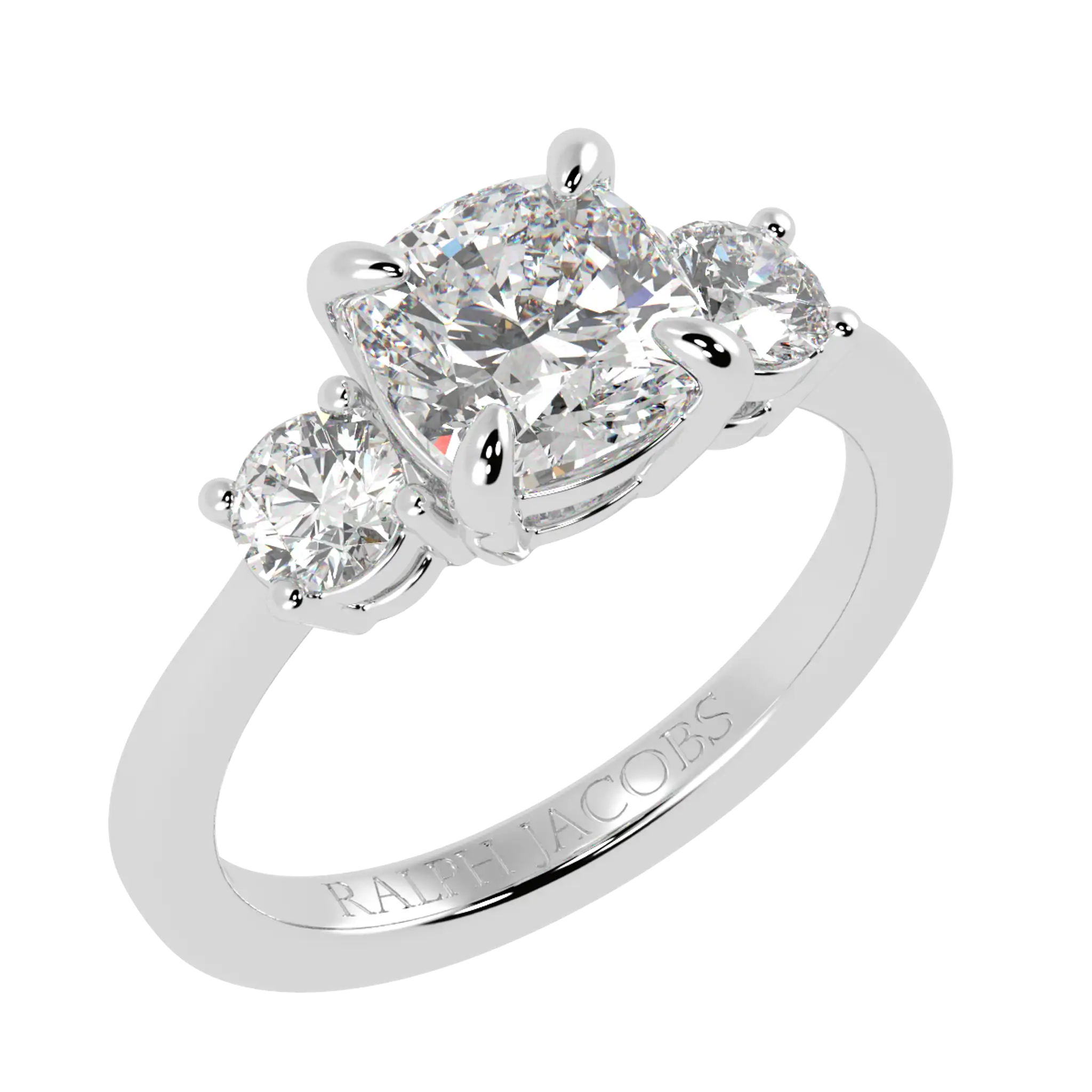 Selene 18K White Gold Three Stone Engagement Ring | Cushion Shape