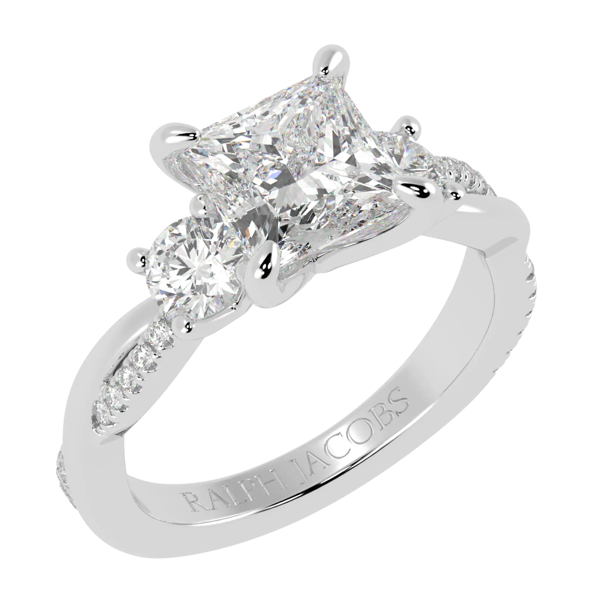 Jasmine 9K White Gold Three Stone Engagement Ring | Princess Shape