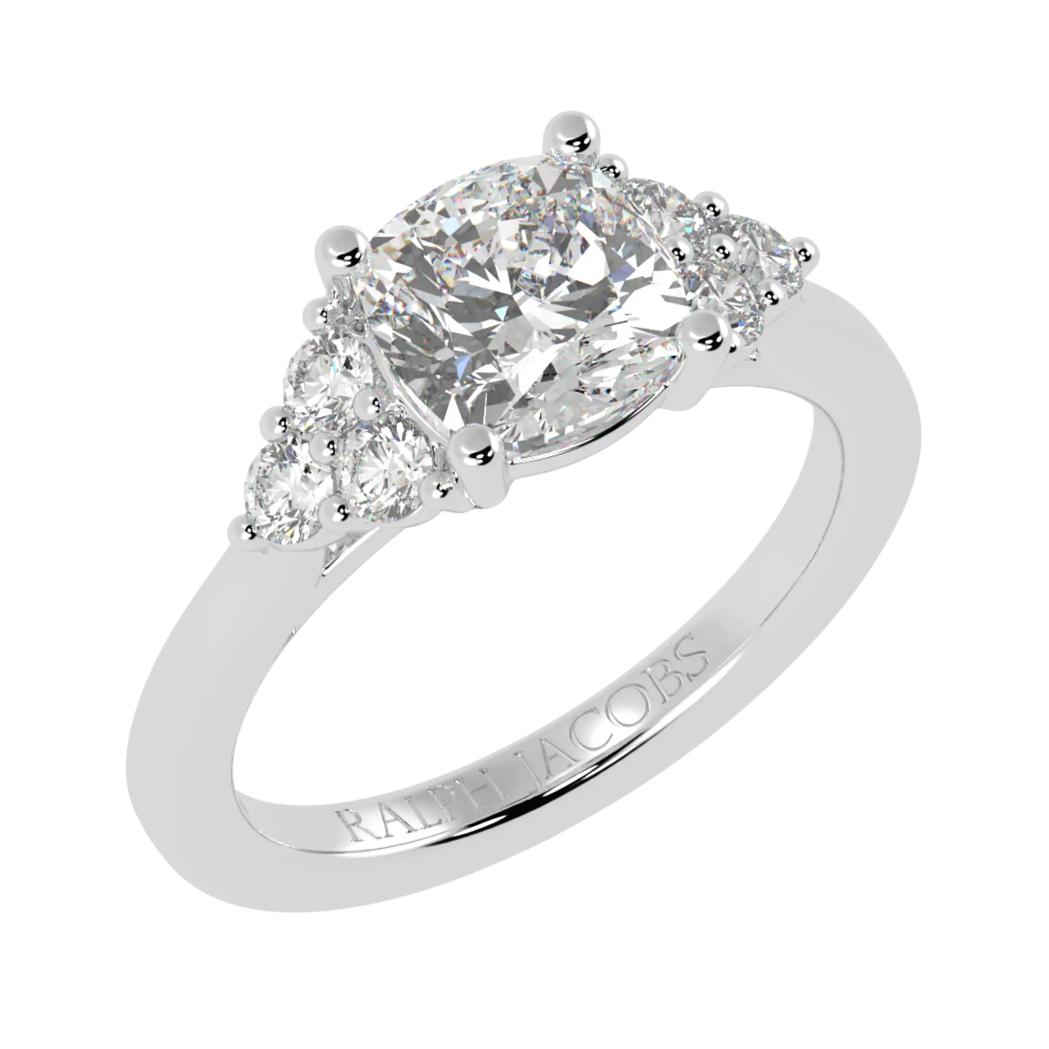 Carrie 9K White Gold Side Stone Engagement Ring | Cushion Shape
