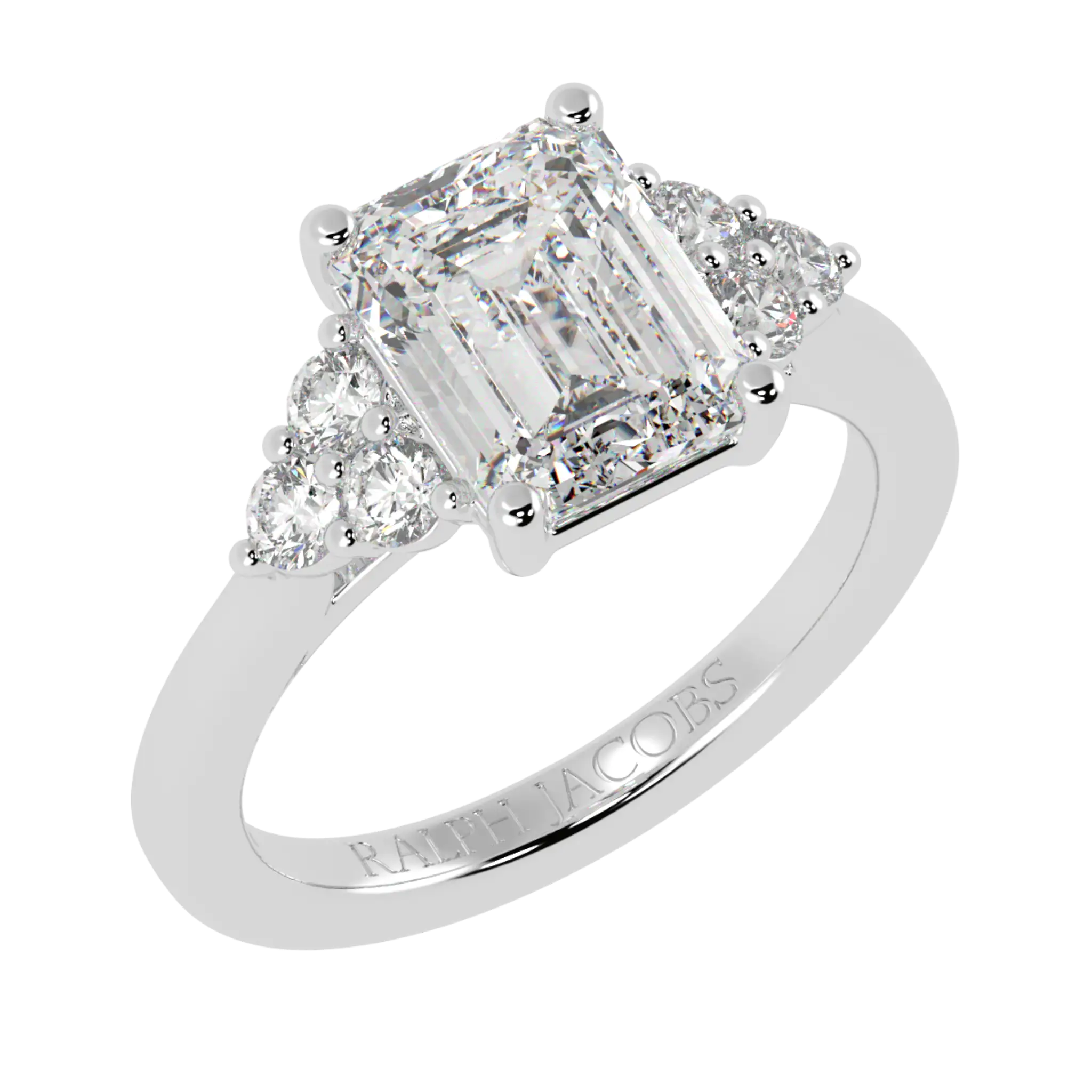 Carrie 18K White Gold Side Stone Engagement Ring | Emerald Shape